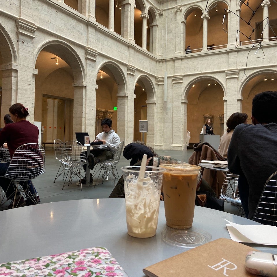 Iced coffee at a museum 