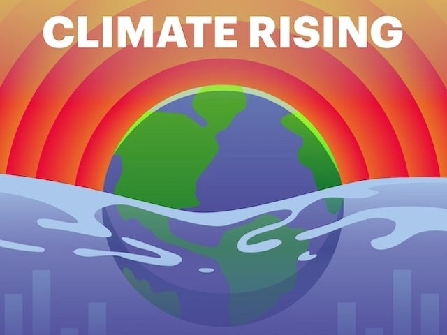 Climate Rising logo featuring an illustration of the earth floating in water 