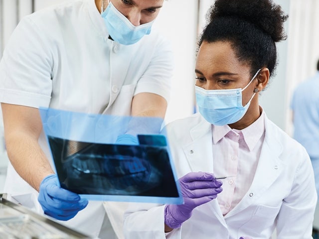 Dentists examining x-ray