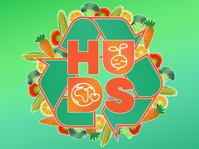 Graphic of the recycling arrows symbol surrounded by fruits and vegetables with the abbreviation HUDS in the center