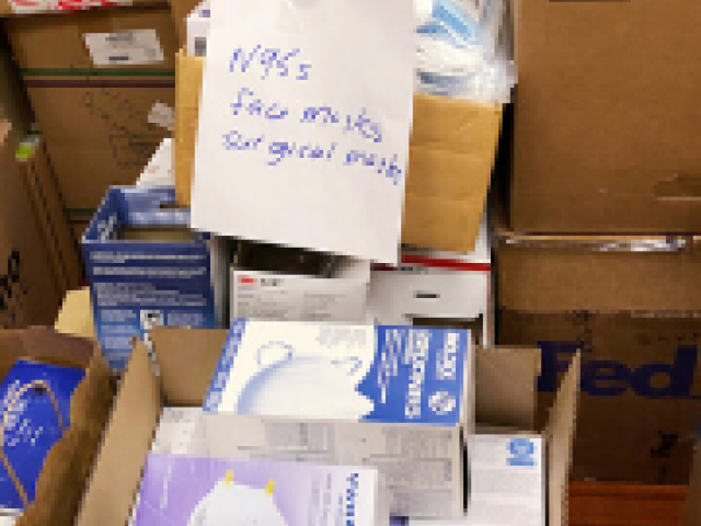 Boxes of donated personal protective equipment