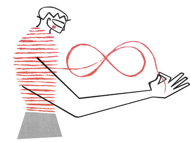 Illustration of a person pulling a circular thread from their red sweater