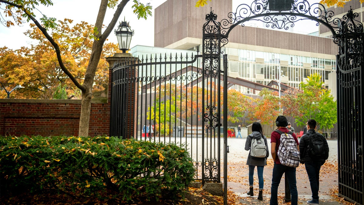 Students at the gates of Harvard University