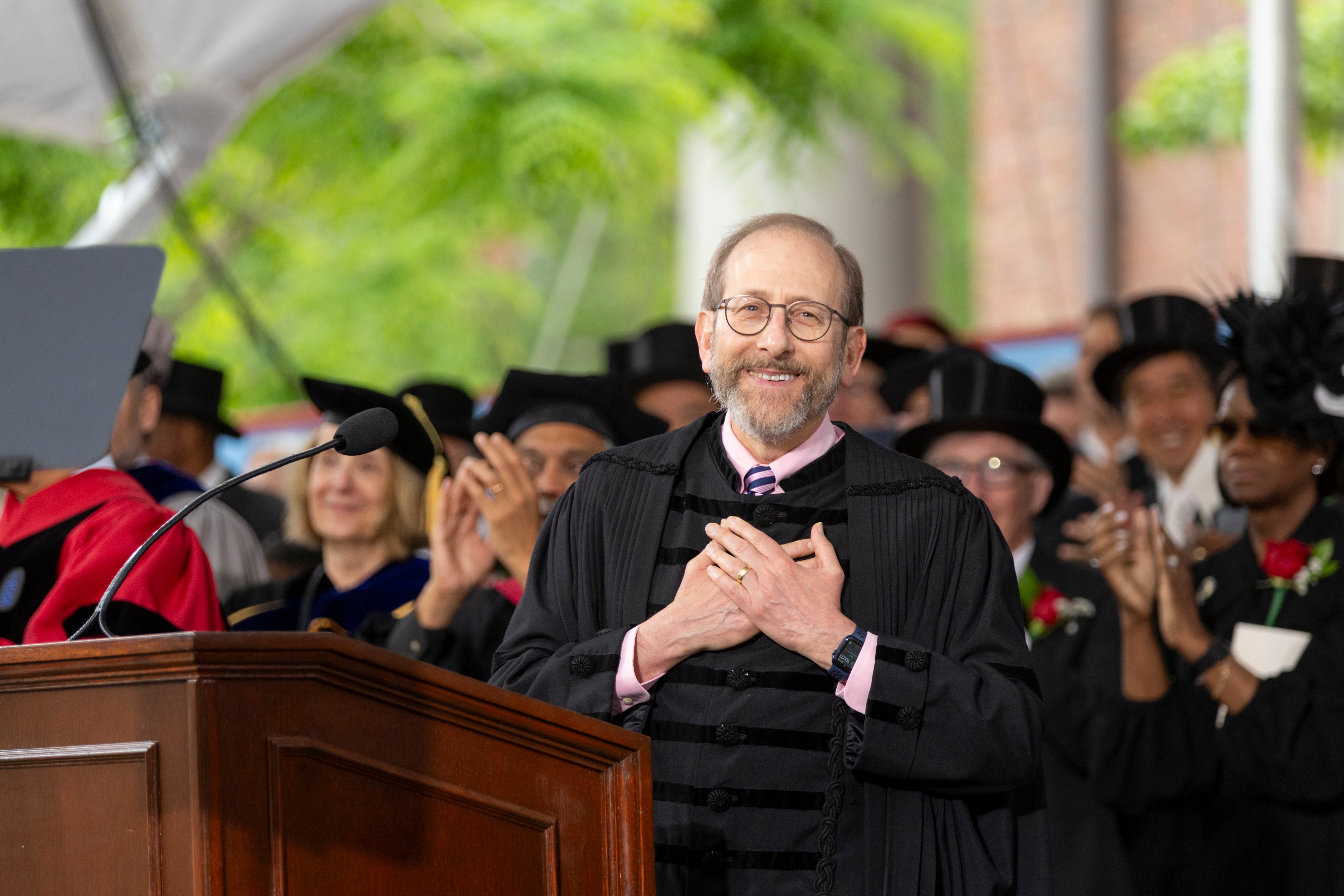 President Garber greeting the audience at Commencement.