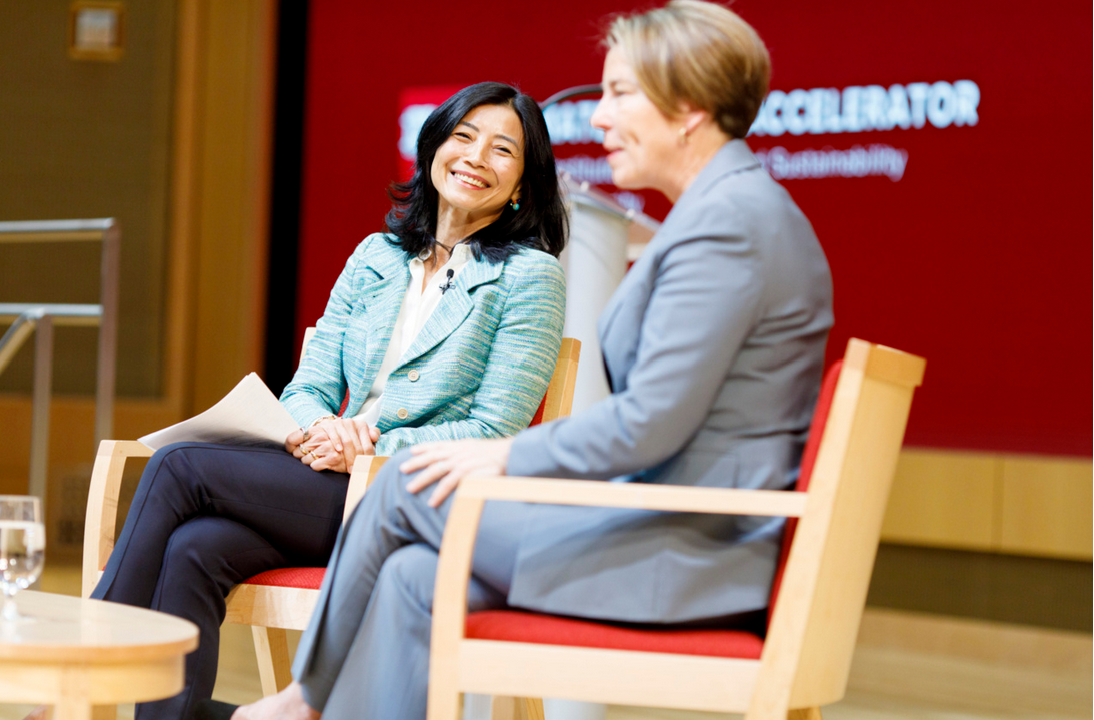 Tracy Palandjian and Governor Maura Healey speaking on a climate and economic progress panel.