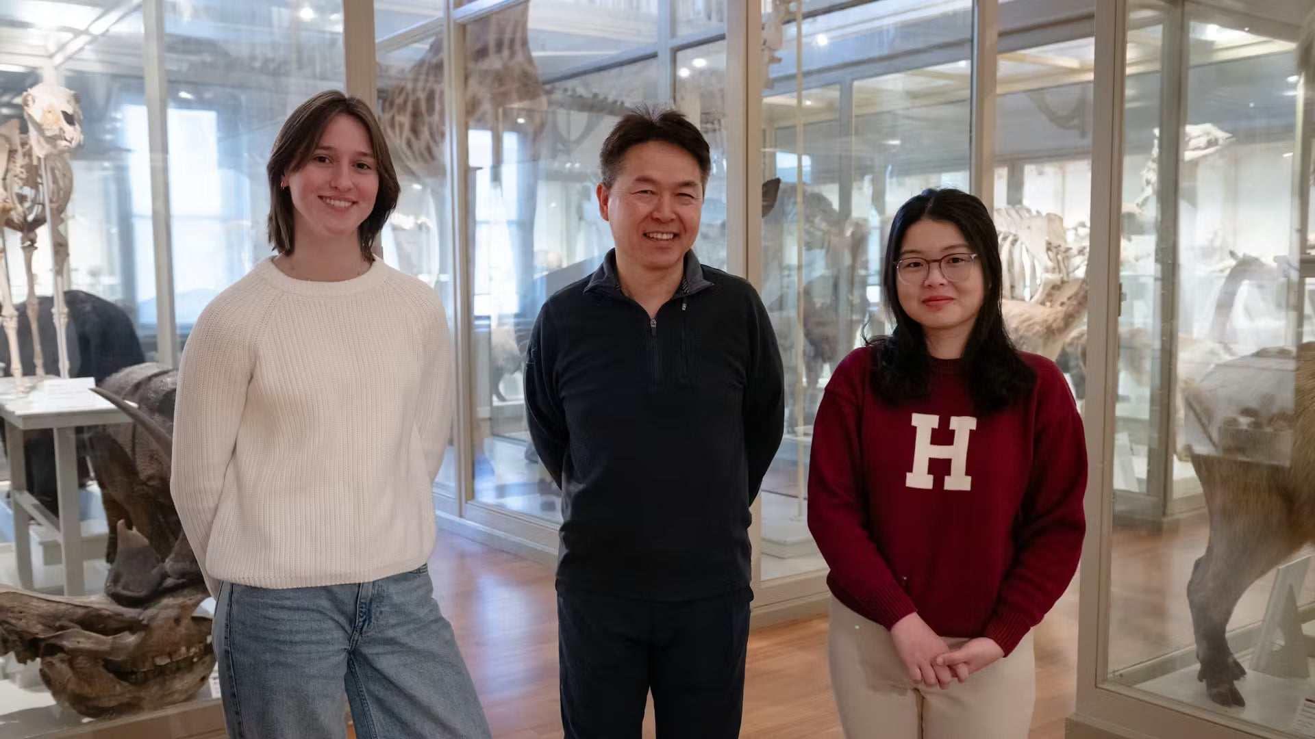 Lixing Sun, Lucille Komar, and Shayna Leng stand next to each other at the Harvard Museum of Natural History