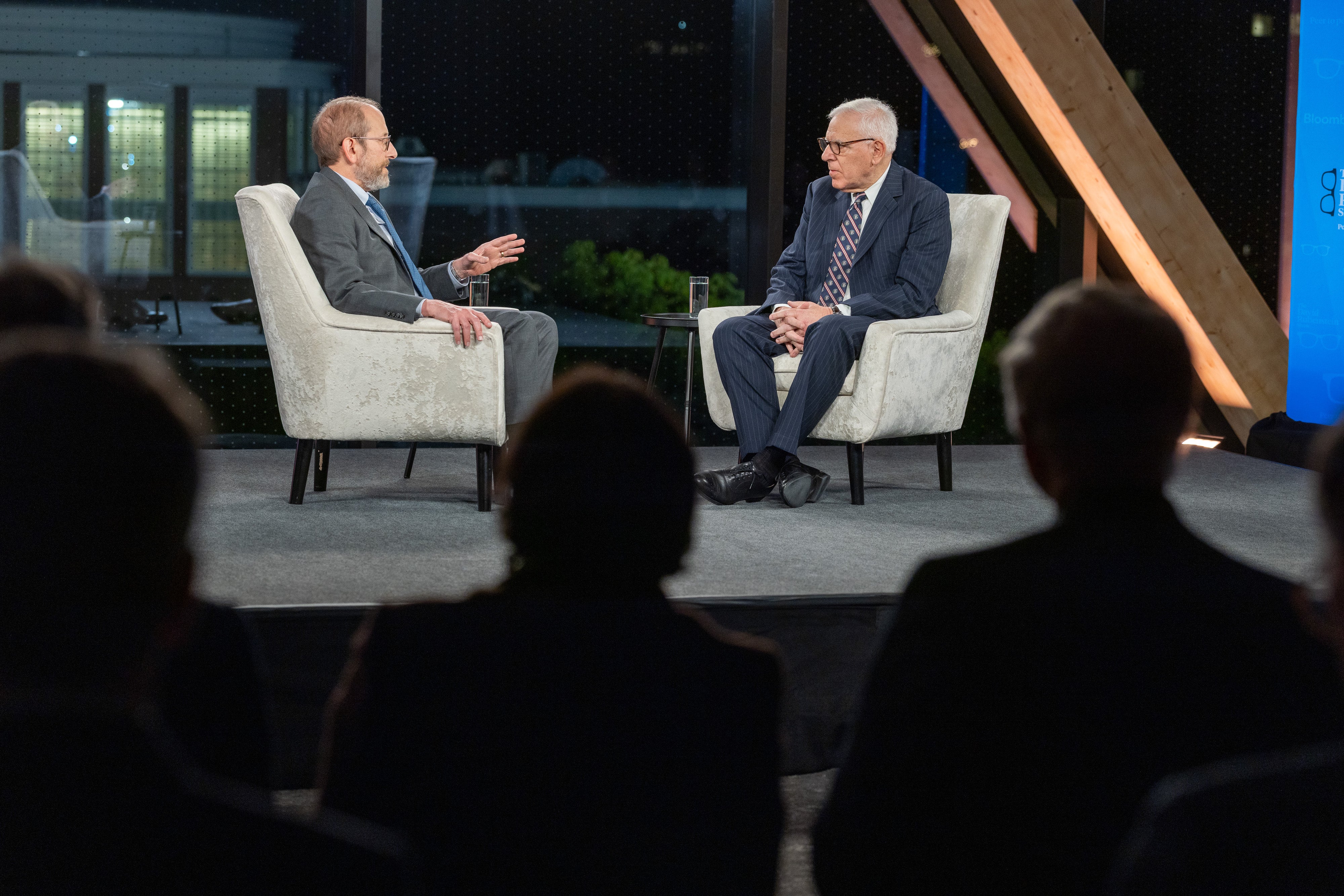 President Garber and David Rubenstein in conversation at the David Rubenstein Treehouse.