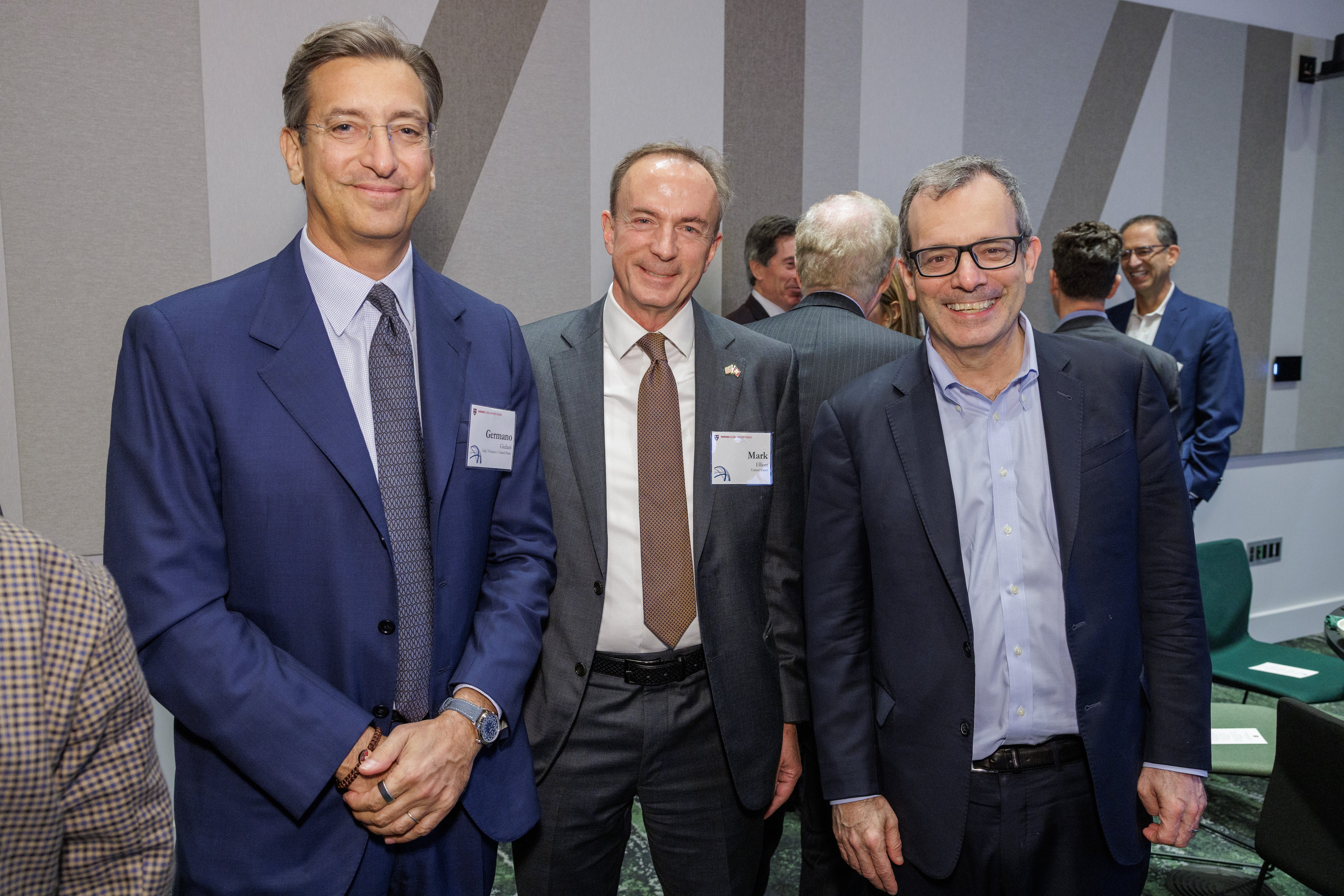 Mario Germano Giuliani, Vice Provost for International Affairs Mark C. Elliott, and Provost John F. Manning at the welcome reception for the 2025 Global Advisory Council meeting.