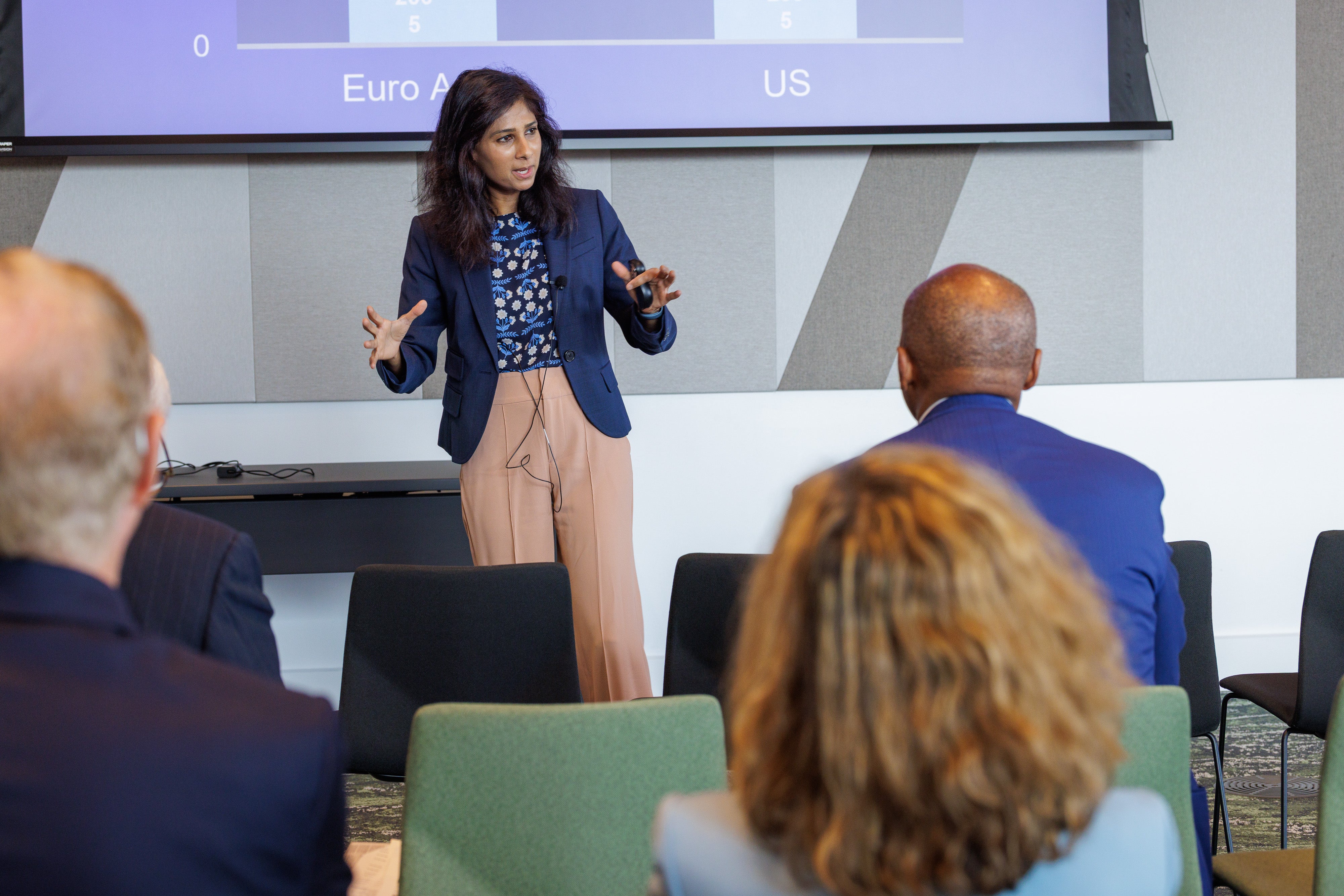 Harvard faculty member Gita Gopinath presents at the 2025 Global Advisory Council meeting.