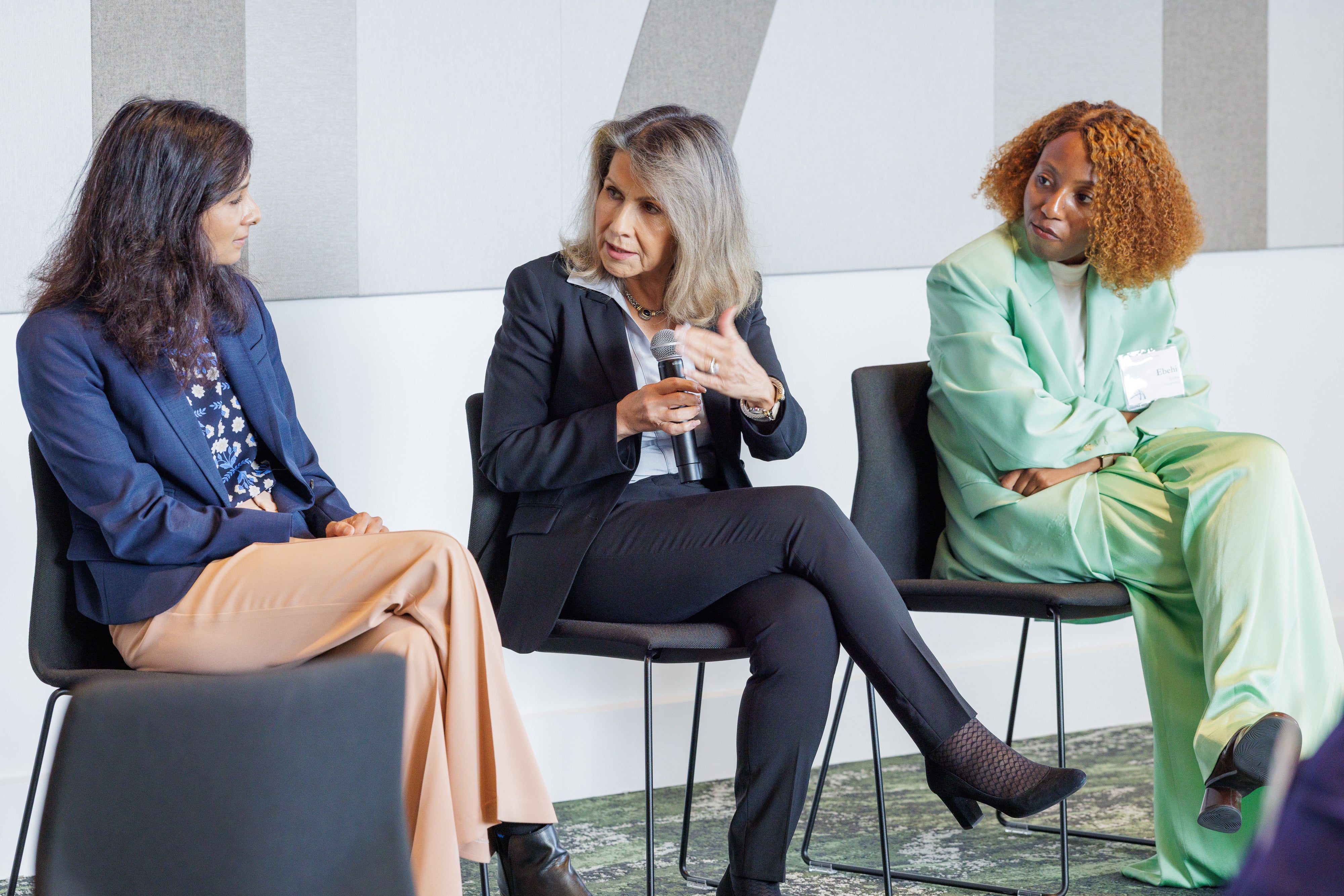 Harvard faculty members Gita Gopinath, Carmen Reinhart, and Ebehi Iyoha take part in a Q&A session at the 2025 Global Advisory Council meeting.