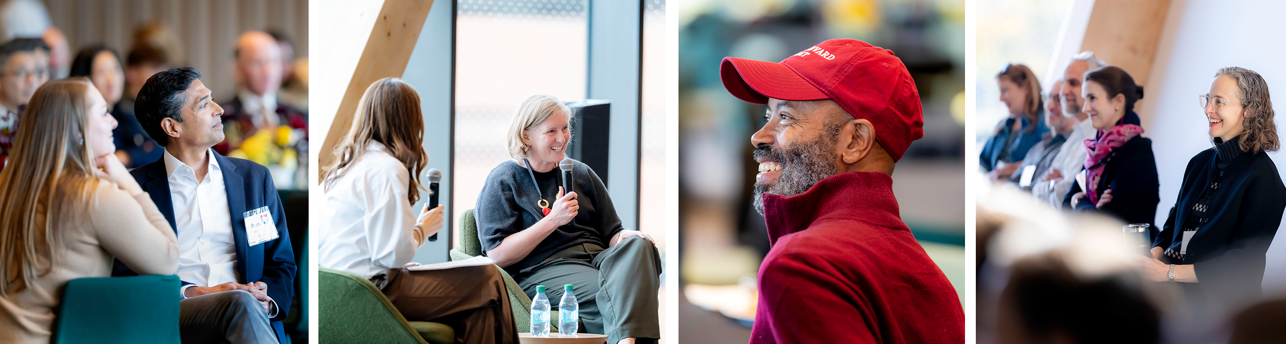  Collage of four photos showing event attendees listening, women in conversation onstage, a man networking, and audience members watching.