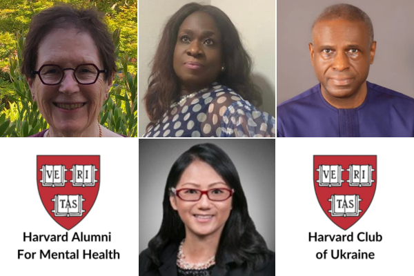 Photo collage of recipients: Alice Abarnel AB '66, Louis Edozien AB ’81 and Oghenerume Aggreh LLM ’85, Veronica Wong AB ’88, Harvard Alumni for Mental Health, and Harvard Club of Ukraine