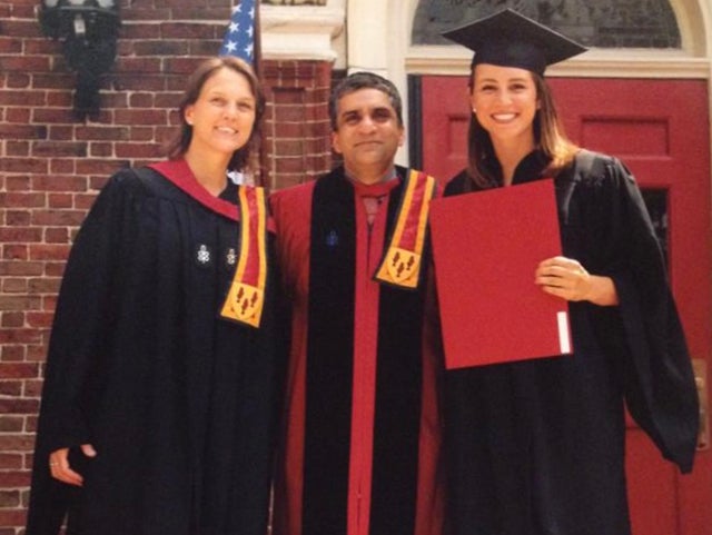 Kristen Faulkner '16 with former Cabot Faculty Deans Stephanie and Rakesh Khurana, Danoff Dean of Harvard College 