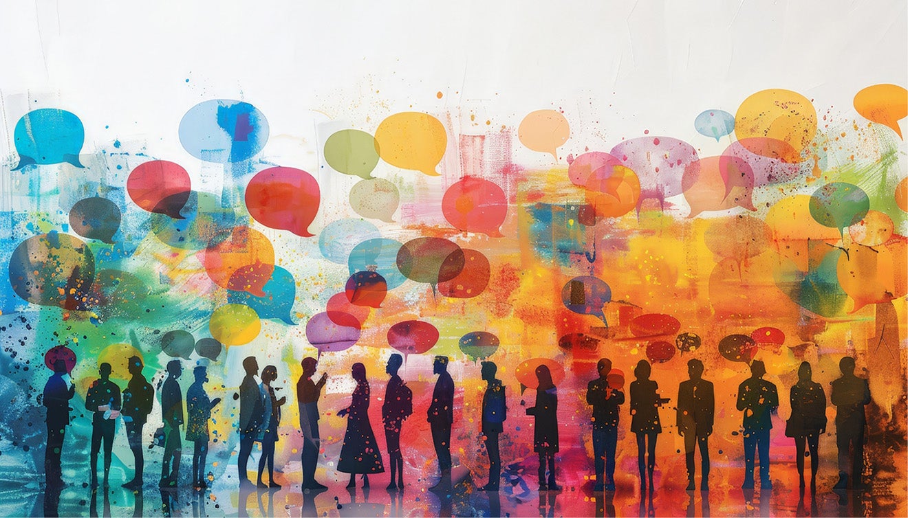 A colorful illustration of a group of people standing and talking to one another with conversation bubbles over their heads.