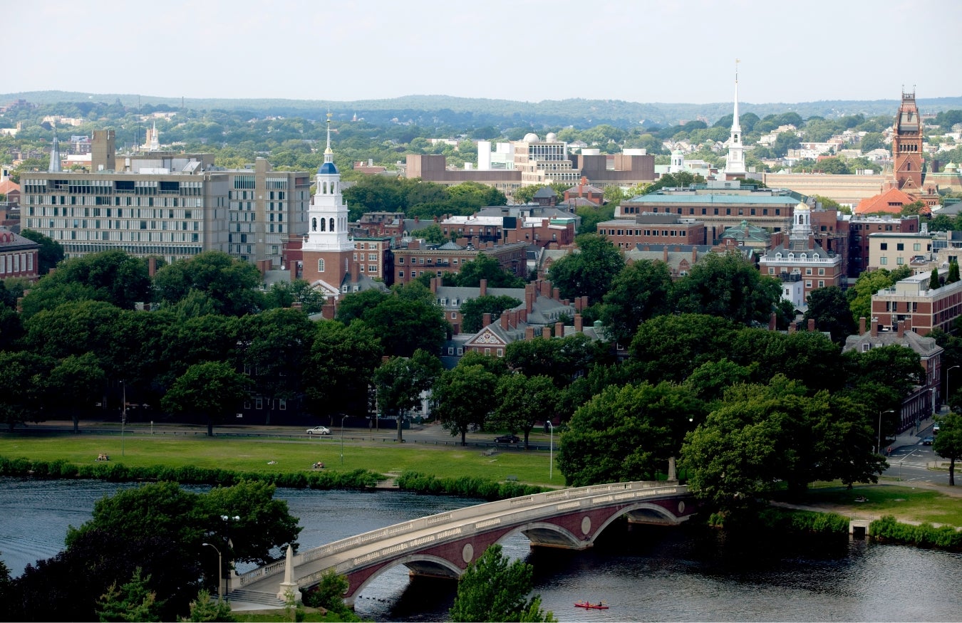 Aerial view of Harvard University with the Charles River in the foreground