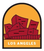 Icon including image of Los Angeles philharmonic building. Red and yellow colors