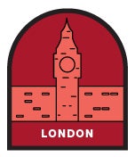 Icon including image of London "Big Ben" tower, red gradient.
