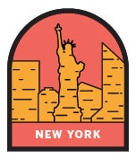 Icon including image of New York skyline. Red and yellow colors