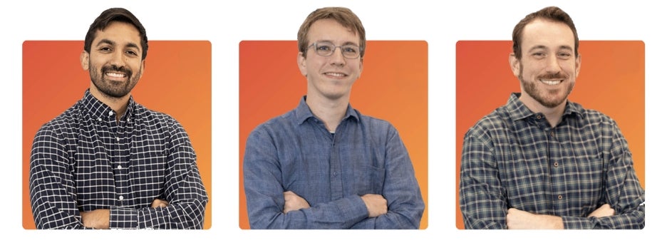 From left to right: Headshots of Bhaskar, Machielse, and Levonian on an orange background