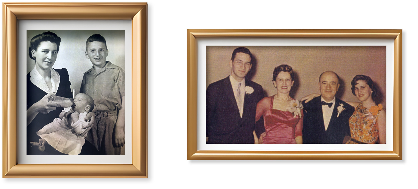 Two images: one of Gary, Kate, and baby Susan in 1942 and one of Gary, Kate, Walter, and Susan in 1957