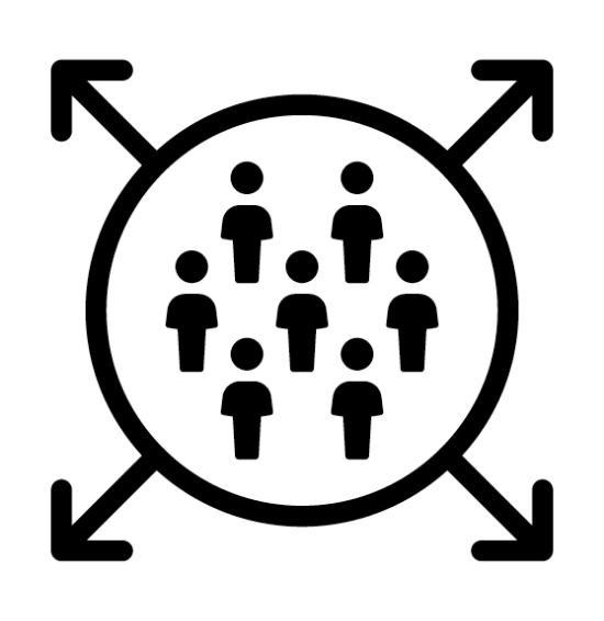 Animated circle with people in it with four arrows pointing outward