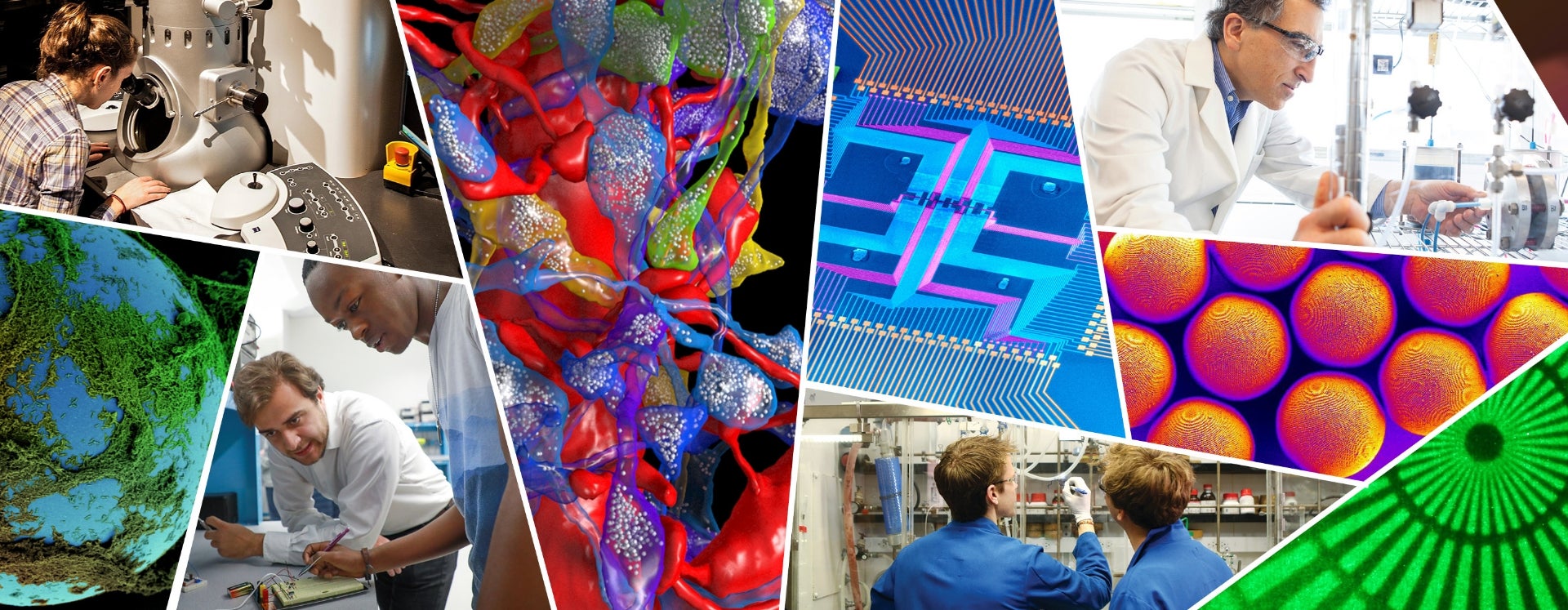 A collage of faculty, researchers, and students working in labs interspersed with detailed views of scientific imaging
