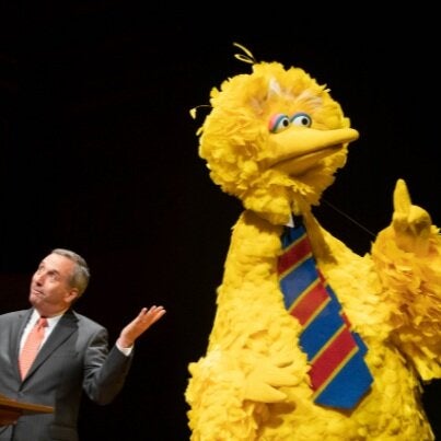 Larry Bacow with Big Bird