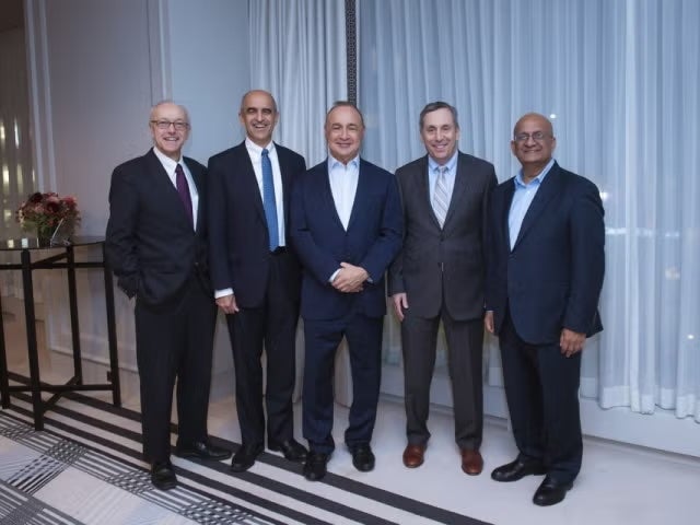 George Daley, Srikant Datar, Len Blavatnik, Larry Bacow, and Nitin Nohria