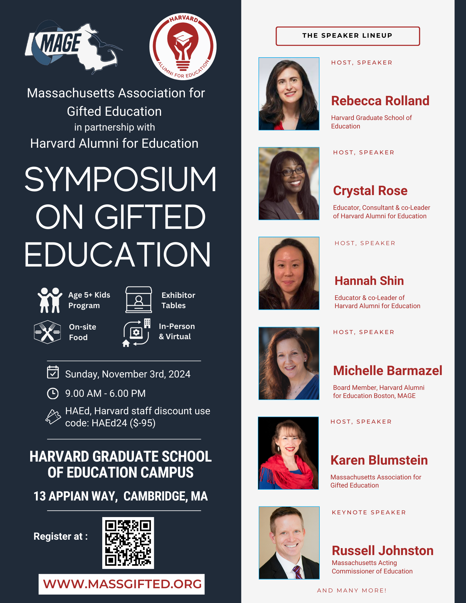 Symposium on Gifted Education event flyer, listing hosts and speakers including headshots