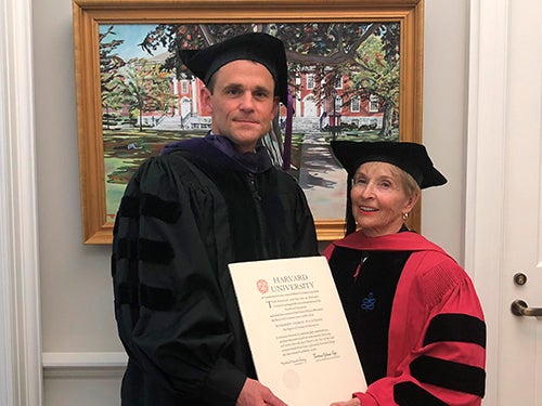 Rosemary Straley EdD ’68 marked the 50th anniversary of her Harvard graduation with then-dean of the faculty of education, James Ryan.
