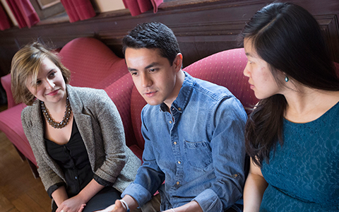 Class of 2014 members Danielle Schulkin, Tonatiuh Lievano Beltran, and Alice Li chat at Winthrop House