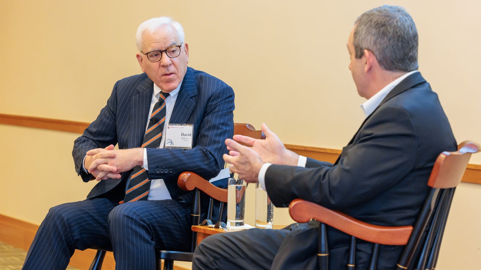 Chair David M. Rubenstein interviewing Provost John F. Manning AB ’82, JD ’85 at the 2024 Global Advisory Council meeting.