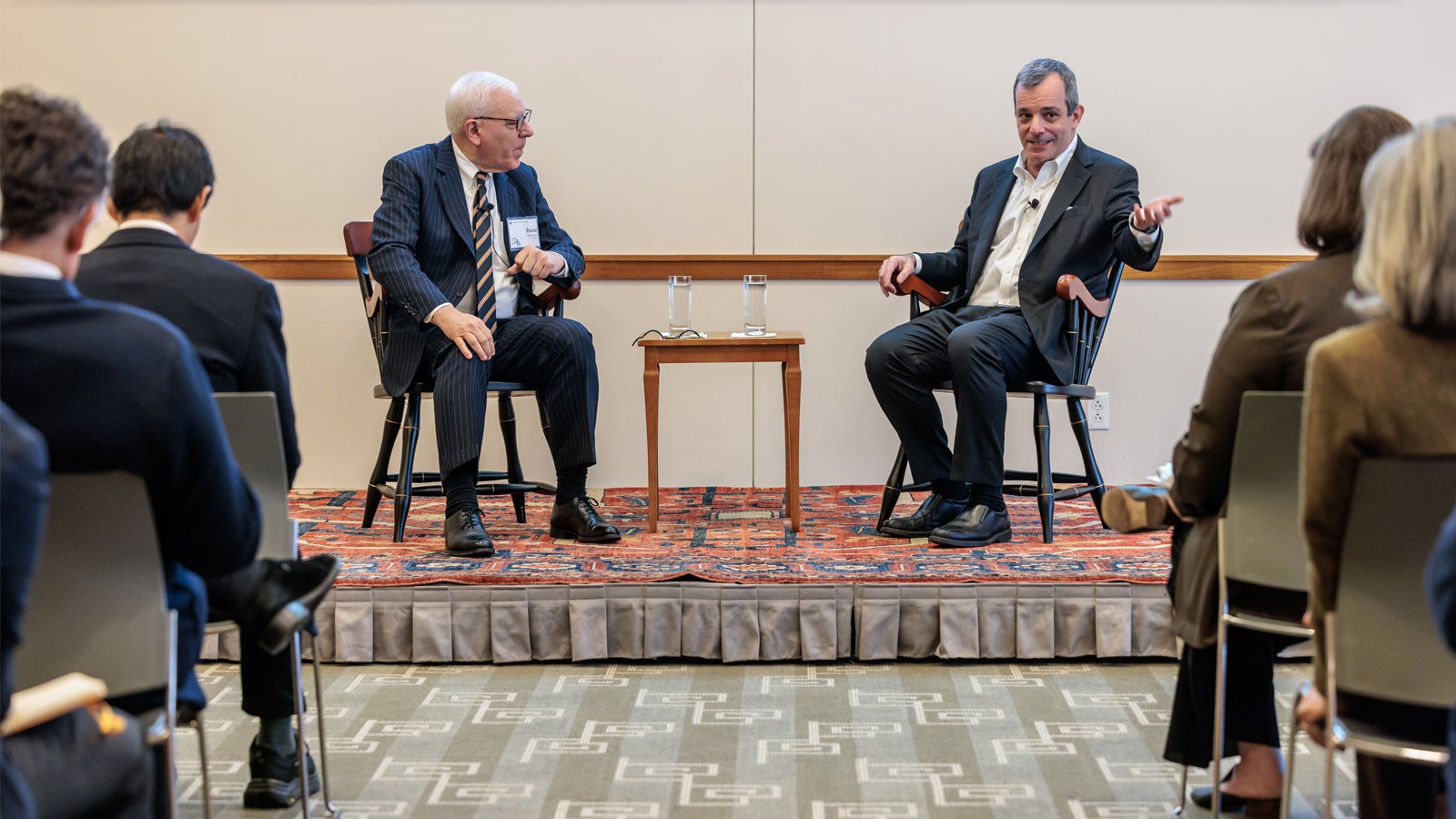 Chair David M. Rubenstein interviewing Provost John F. Manning AB ’82, JD ’85 at the 2024 Global Advisory Council meeting.