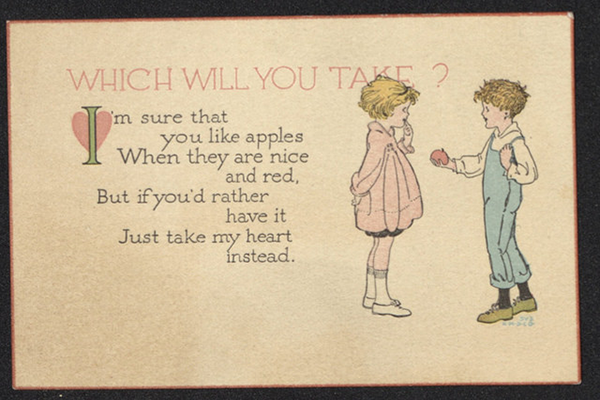 From the papers of Anna Kelton Wiley (1877-1964), is a valentine depicting a young boy offering his heart to a young girl. 