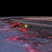 An illustration of the Radcliffe Wave data overlaid on an image of the Milky Way galaxy. Image from the WorldWide Telescope