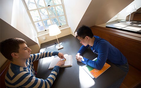 Saba Beridze ’16 (left) and Mark Yao ’16 study together in one of the newly renovated common spaces in Quincy House’s Stone Hall