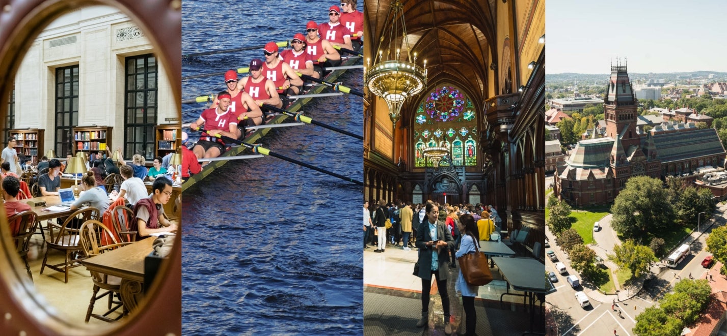 From left: Students studying in Widener Library's Loker Reading Room; a Harvard crew team rowing across the Charles River; people gathering inside Memorial Hall; an exterior shot of Memorial Hall.