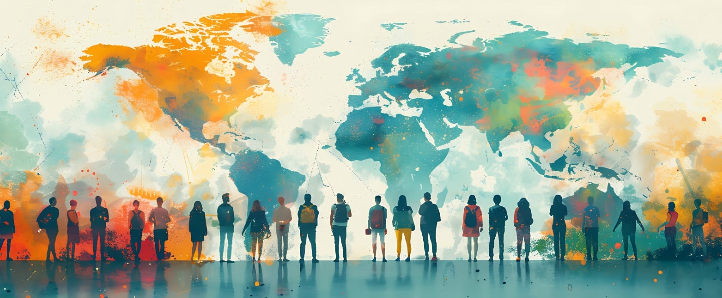 Watercolor image of people looking at a World Map