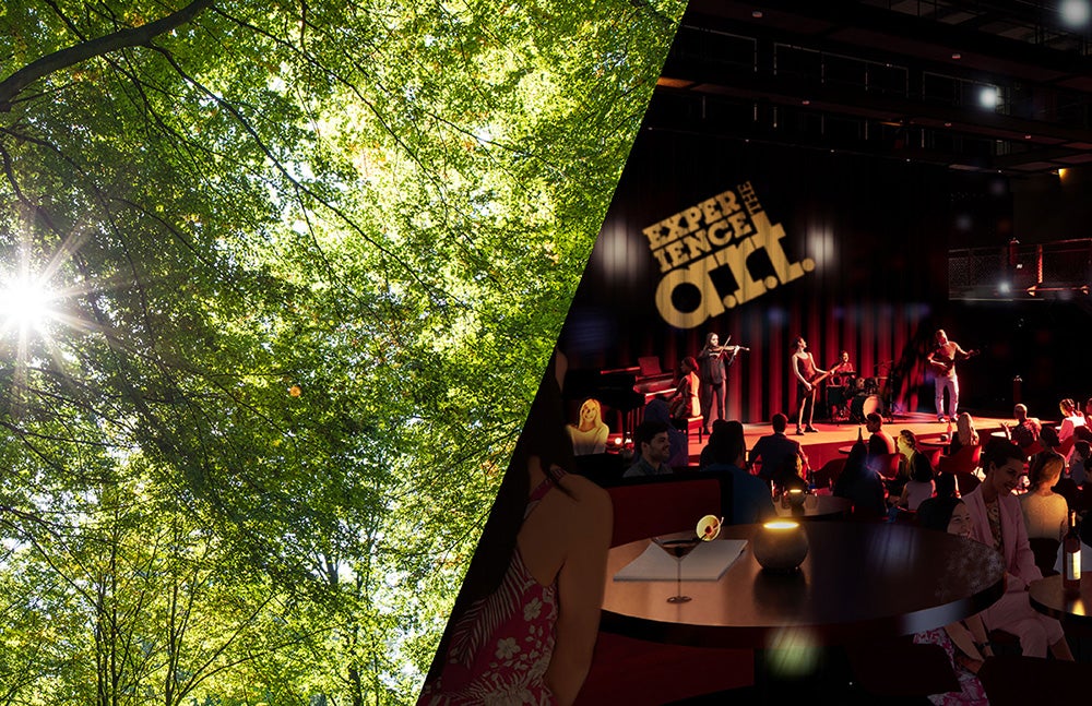 Split image showing sunlight filtering through leafy trees on the left and a lively performance at a dimly lit theater, with the words 'Experience the A.R.T.' displayed on stage, on the right