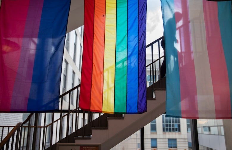 Three LGBTQ identity pride flags (a bisexual pride flag, rainbow LGBTQ pride flag, and a transgender pride flag) hang from the ceiling inside the Harvard Chan School. In the background behind the flags, a person climbs a staircase.