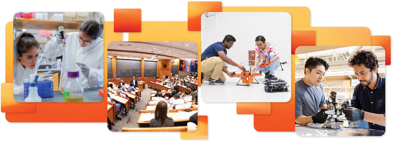 A collection of four photos depicting students in labs and in a classroom