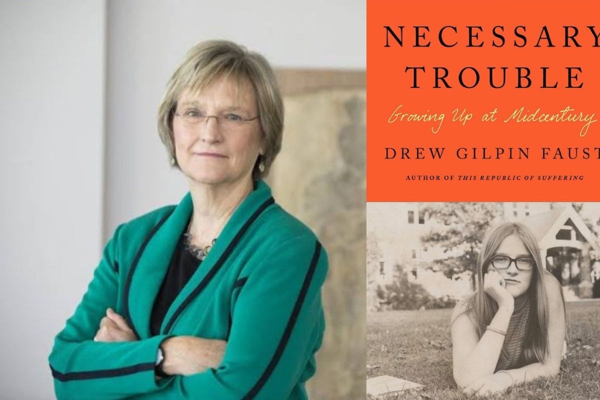 Drew Faust looking at camera beside image of Necessary Trouble book cover