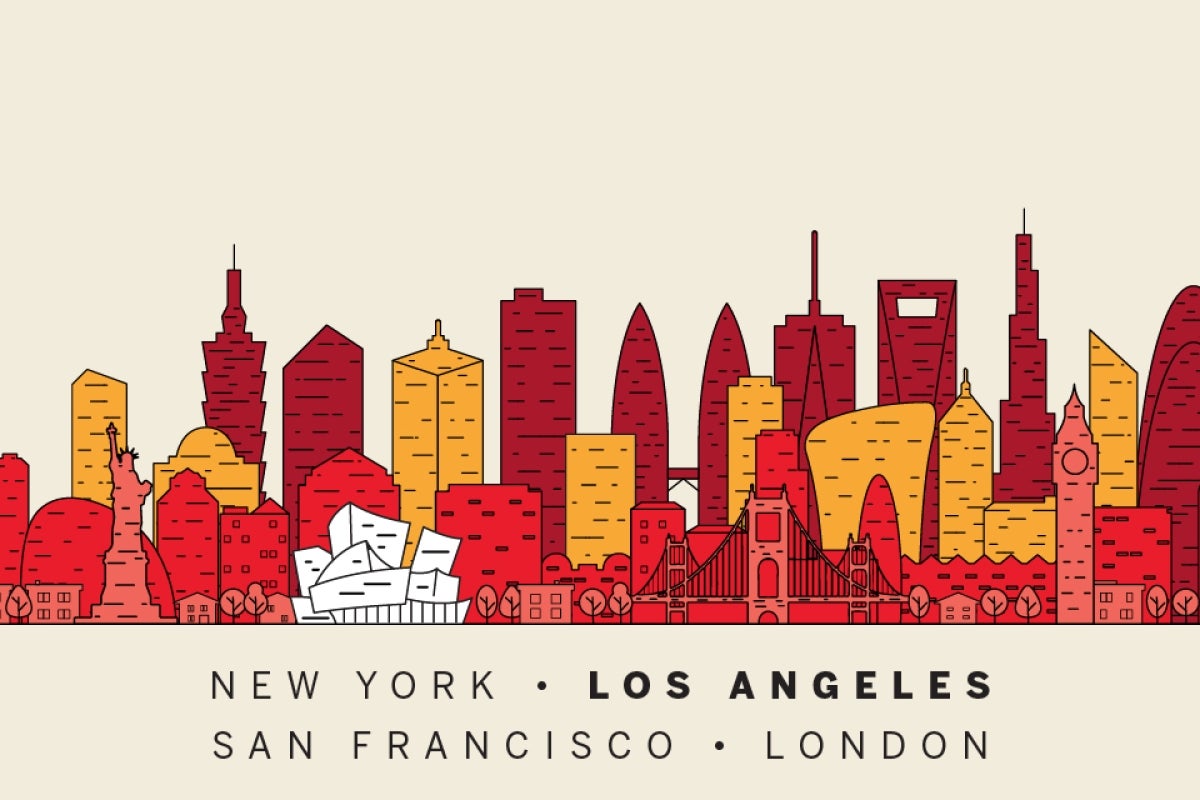 Red and yellow gradient banner with the LA Philharmonic building graphic highlighted