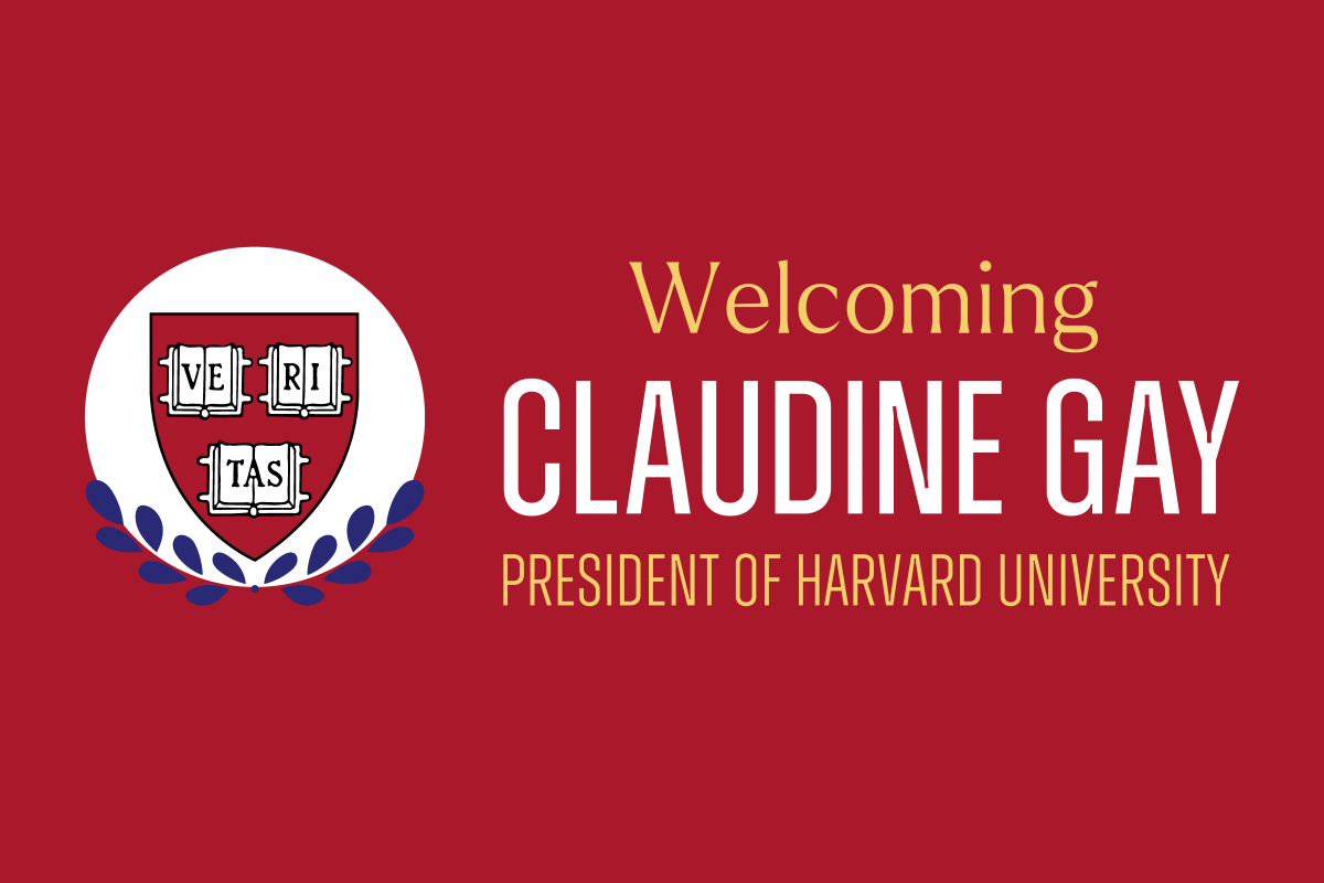 Red background with "Welcoming Claudine Gay President of Harvard University" next to Veritas shield