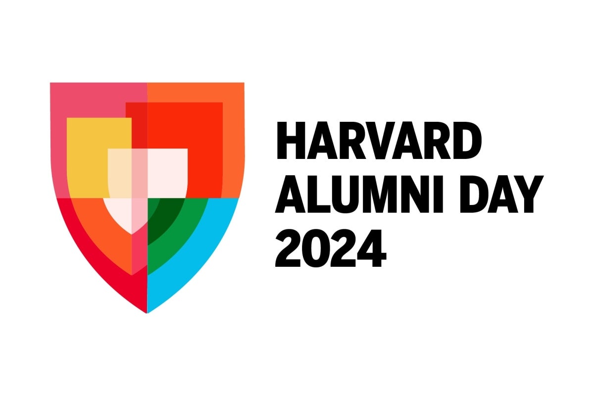 Multi colored shield Harvard Alumni Day 2024 logo