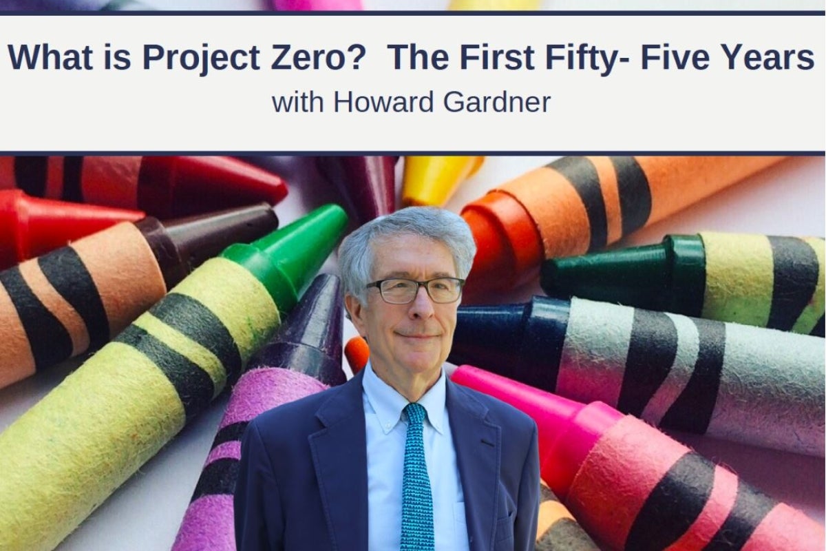 Professor Howard Gardner in front of crayons