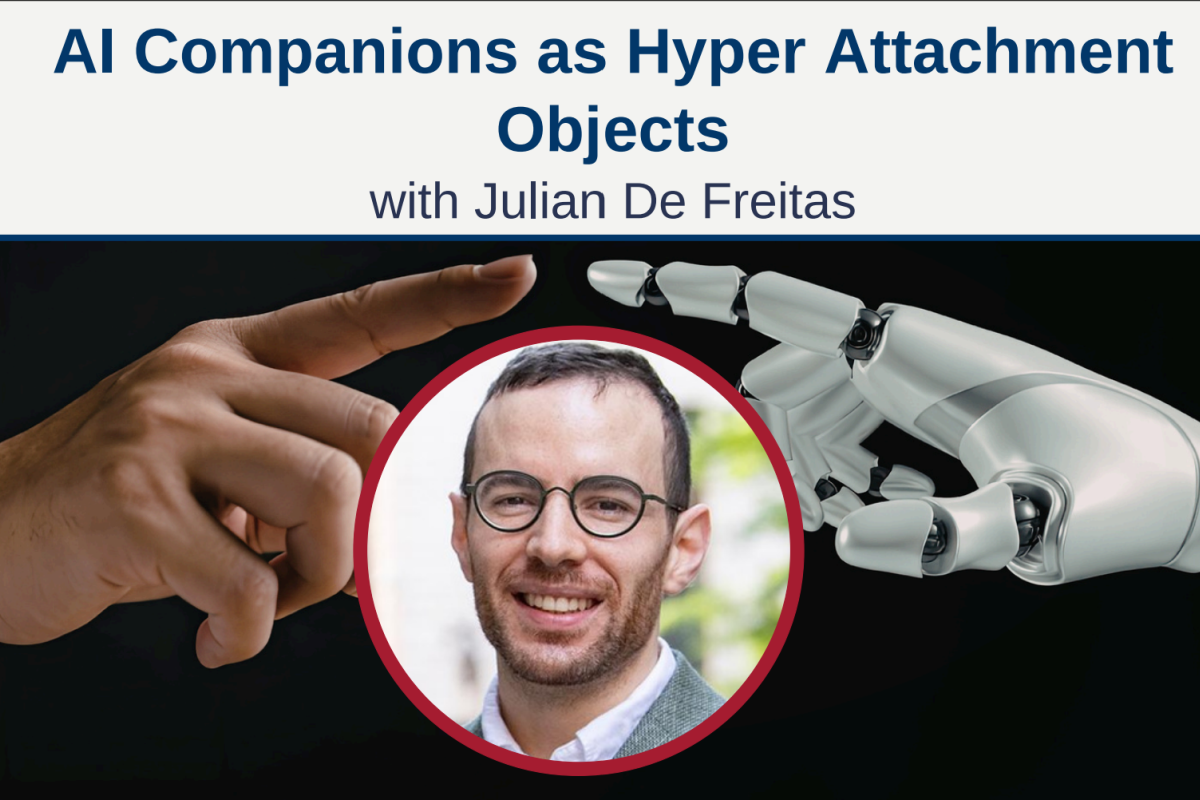 Headshot of Julian De Freitas with a human hand and robot hand nearly touching behind him