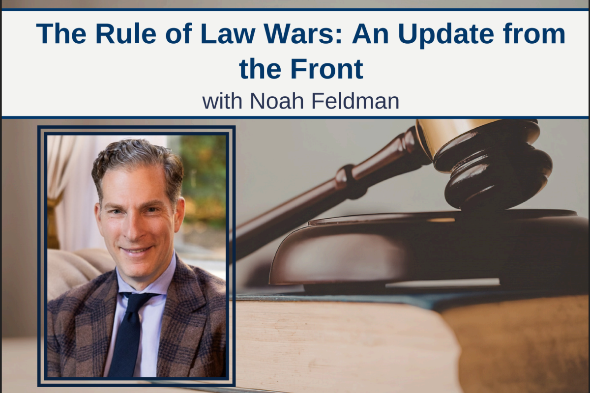 Headshot of Noah Feldman beside an image of a gavel. 