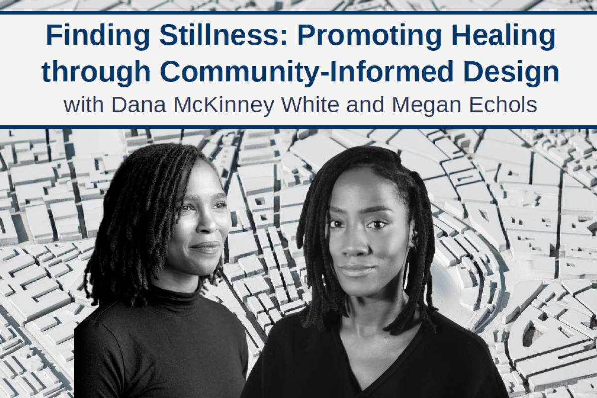 Headshots of Dana McKinney White & Megan Echols in front of a black and white city design 