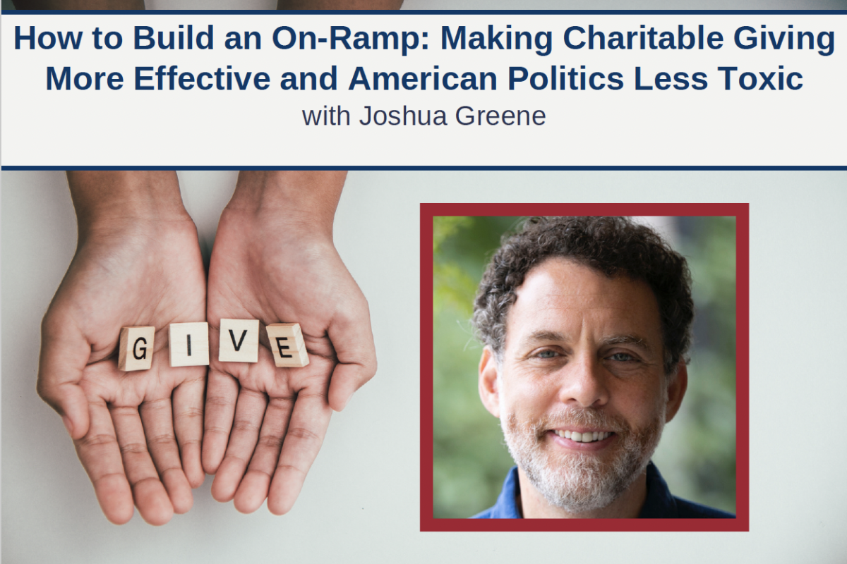 Headshot of Joshua Greene beside two hands with block letters spelling out "give"